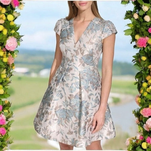 Vince Camuto Women's Blue Rose Gold Floral Jacquard V-Neck Dress 4 NWT $168