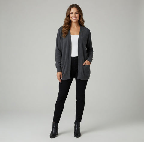 Knit Best Charcoal Grey Cotton Open Front Cardigan Long Blazer Women M VG