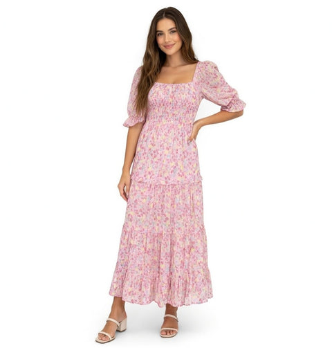 R. Yiposha Pink Multicolor Floral Midi Dress Milkmaid Tiered Square Neck Size S