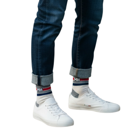 MADE HERE Fenway Crew Beige Navy Red Striped Logo Unisex Socks Sz L/XL NWT USA