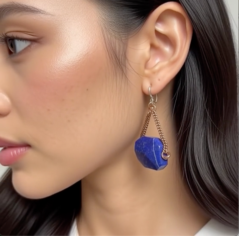 Sterling Silver Lapis Lazuli Dangle Earrings Copper Tone Chain Blue Gemstone New