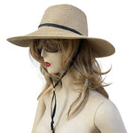 Smith & Hawken Wide Brim Straw Sun Hat Black Ribbon Chin Cord Natural Tan VG
