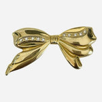 Vintage 1980s Gold Plated Ribbon Bow Brooch 2.25" Sparkly Crystal Pin VG