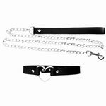Black Faux Leather Heart Choker Collar Silver Chain Leash Set Goth Punk NIP