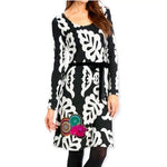 Desigual Women's Gray Black Fit Flare Dress M Embroidered Flower Long Sleeve EXC