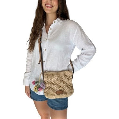 ZARA Woven Straw Crochet Crossbody Mini Bag Boho Beach Berries Tassel 7x6" Beige