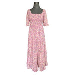 R. Yiposha Pink Multicolor Floral Midi Dress Milkmaid Tiered Square Neck Size S