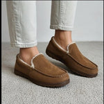 Men’s Brown Faux Suede Moccasin Slippers Sz 12 Faux Fur Lined Indoor Outdoor G+