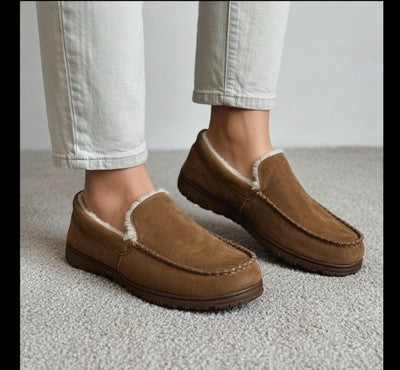 Men’s Brown Faux Suede Moccasin Slippers Sz 12 Faux Fur Lined Indoor Outdoor G+