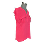 Ann Taylor Factory Pink Split-Neck Utility Blouse Cap Sleeve Pockets Womens Sz L