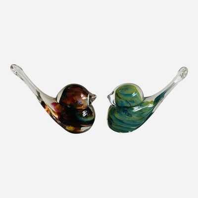 Art Glass Bird Figurines Set of 2 Multicolor Hand Blown Paperweight EXC