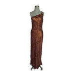 Vintage Scala 100% Silk Beaded One Shoulder Gown Copper Brown Maxi Dress L NWT