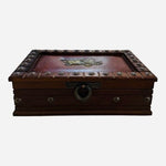 Vintage Wood Brass Leather Jewelry Box 10” Mini Chest Storage Case Velvet Lined