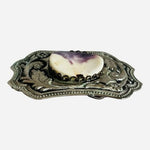 Vintage Western Belt Buckle Silver Tone Scroll Engraved Purple White Stone 3.75"