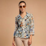 Isabel Hayley Womens Blouse PM Blue Floral 3/4 Sleeve Button Up Shirt Petite EXC