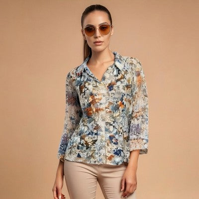 Isabel Hayley Womens Blouse PM Blue Floral 3/4 Sleeve Button Up Shirt Petite EXC