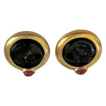 Vintage Gold Tone Black Cameo Clip Earrings Roman Profile Pink Stone 1.25x1.5"