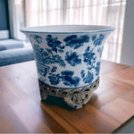 Rare Vintage Blue White Porcelain Pedestal Planter China Floral 8.5" Gold Trim