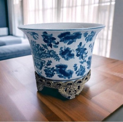 Rare Vintage Blue White Porcelain Pedestal Planter China Floral 8.5" Gold Trim
