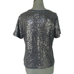 DKNY Sequin Embellished Tee Gray Sparkle Short Sleeve Top Womens M VG