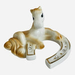 Porcelain Lucky Horse Horseshoe Figurine Rhinestone Gold Trim Amulet Decor EXC
