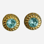 Vintage Gold Plated Aqua Blue Crystal Stud Earrings Round Rope Bezel Good