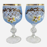 Vintage Bohemian Crystal Enameled Light Blue Wine Goblets Hand-Painted Floral VG