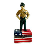 Rare Porcelain Hinged Trinket Box USA Military Soldier American Flag Vintage NIB
