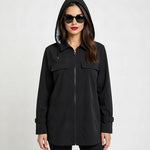 GALLERY Womens Jacket M Black Removable Lining Hood Long Sleeve Zip Coat VG