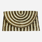 Chic Woven Straw Clutch Bag Brown Beige Stripe Curved Flap Beach Purse 11x6" EXC