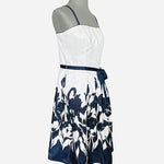 Dressbarn Navy Blue White Floral Belted Fit Flare Midi Dress Women Size 10 EXC
