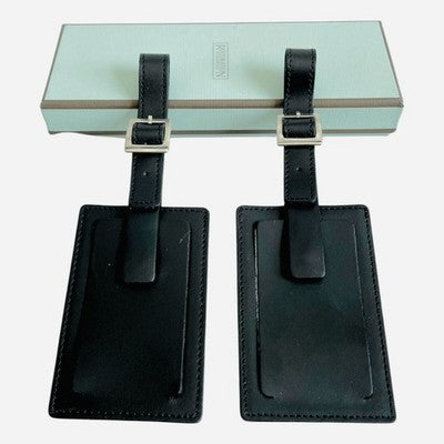 Set of 2 Restoration Hardware Black Leather Luggage Tags NIB Travel Accessory