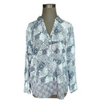 J. Jill Blue Medallion Print Popover Tunic Blouse Long Sleeve Rayon Sz L Petite