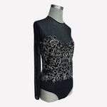 Boston Proper Black Mesh Leotard Bodysuit M Gold Floral Embroidery Long Sleeve