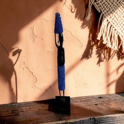 Vintage Handmade African Beaded Wood Figure Blue Beads South Africa 15 Decor Art