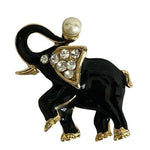 Vintage Black Enamel Elephant Brooch Clear Rhinestones Pearl 1.75"x1.5" Rare