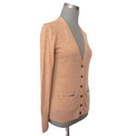 Halogen Women's Tan Merino Wool V-Neck Cardigan S Button Front Zip Pockets EXC