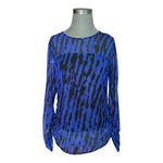 DKNY Women's Mesh Zebra Print Blue Black Long Elastic Rushed Sleeve Top Sz L VG
