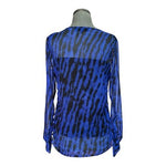 DKNY Women's Mesh Zebra Print Blue Black Long Elastic Rushed Sleeve Top Sz L VG