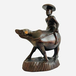 Vintage Hand Carved Wooden Water Buffalo With Man Riding Animal Statue Ashtray