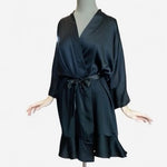 Victoria’s Secret Black Satin Glossy Tie Kimono Robe Ruffled M/L Women's