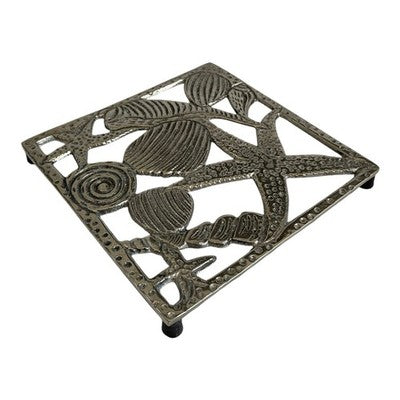 Silver Metal Trivet Coastal Starfish Shell Design Square 7.5 in Vintage