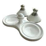 Moroccan Ceramic Double Tagine Salt Pepper Set Silver Trim White 4" VG Artisan