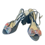 Norma J Baker Genuine Leather Suede Peep Toe Sandals Blue Block Heel 5.5 Floral