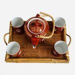 Vintage Chinese Red White Porcelain Tea Set Kettle 4 Cups Bamboo Tray Taiwan VG