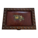 Vintage Wood Brass Leather Jewelry Box 10” Mini Chest Storage Case Velvet Lined