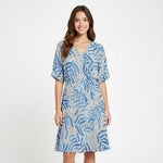 Nic+Zoe Blue Palm Leaves Dot Fit & Flare Dress PM Pockets Elastic Waist Short