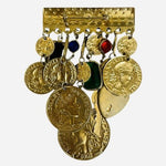 Vintage Gold Tone French Republic Coin Charm Brooch Multi Crystal Statement 3.5"