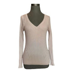 WHITE HOUSE BLACK MARKET Women Sweater S Pink Metallic Ribbed V Neck Pullover VG