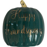 Happy Friendsgiving Ceramic Pumpkin Decor Green Gold 8x8.5 EXC Fall Thanksgiving